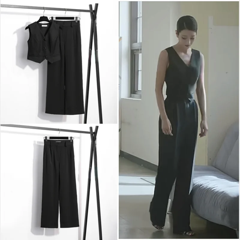 Kpop Korean Drama Streetwear Black Sexy Slim Sleeveless Button Vest Tops+Black Loose Straight Wide Leg Pants Women Two Piece Set