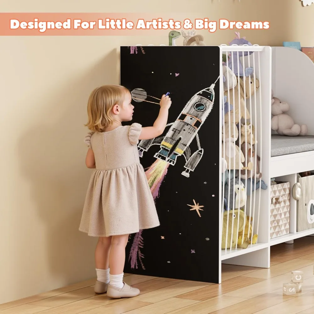 Kids Reading Nook with Bench, Toy Storage Organizer, Bookshelf with Seat Cushion, 3 Cubbies & Wheels for Playroom