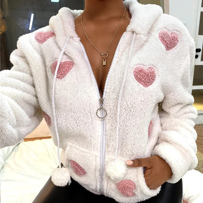 Kawaii Jacket Y2k Women Long Sleeve Heart Pattern Zip Hooded Teddy Coat Casual Sweet Hairy Fleece Tops Sweet Pink Hoddies White велобандана buff tech fleece bandana hatay pink 120924 538 10 00