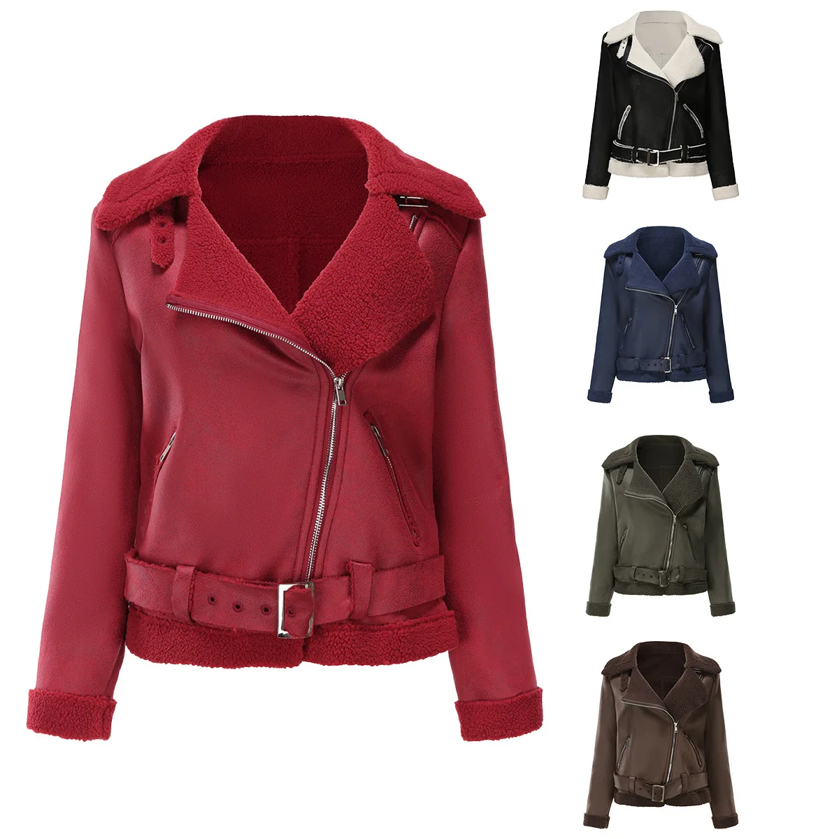Women Leather Jacket Autumn Winter Women's Leather Jacket Thicken Fur Integrated Warm Women's Suede Jacket Female Belt Lapel Collar