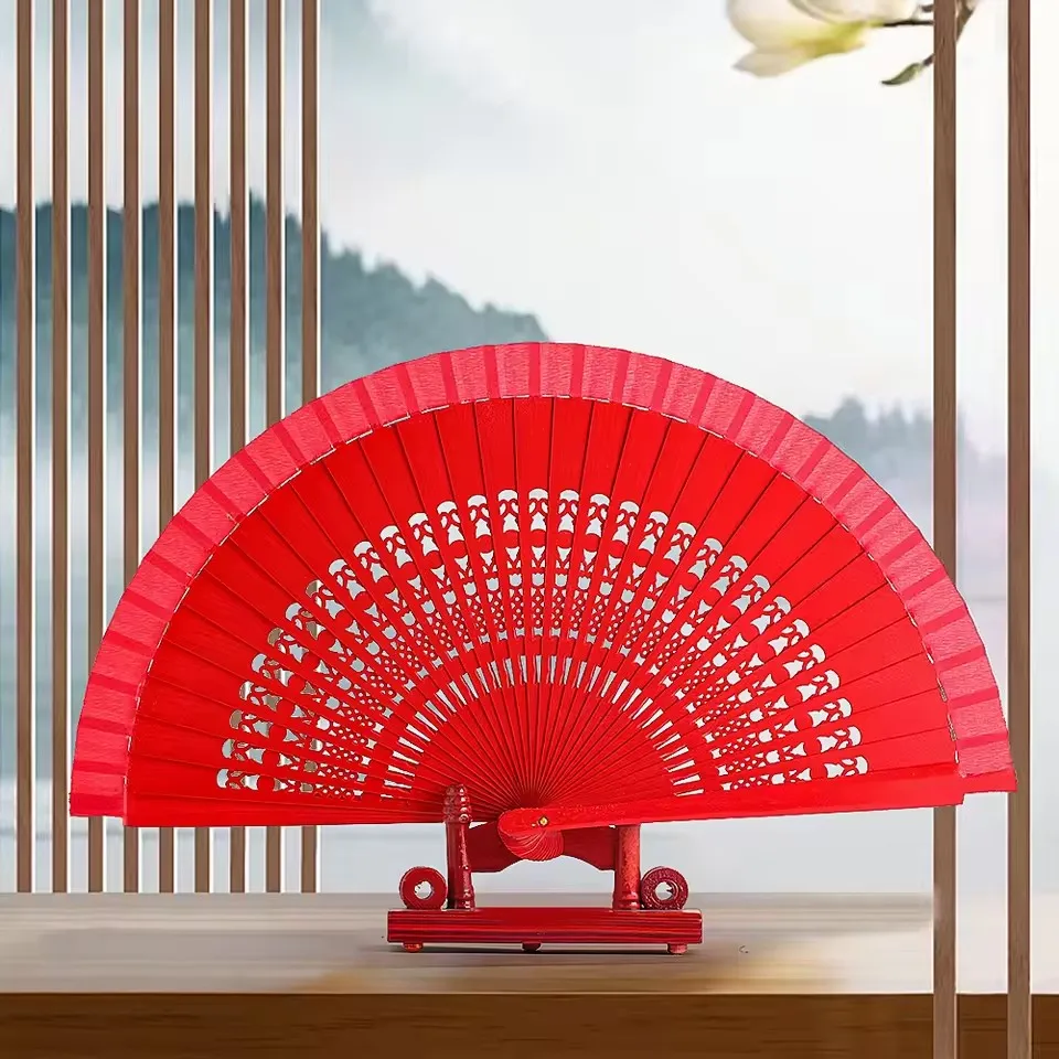 Spanish Wooden Hand held Folding Fan Cheongsam Catwalk Dance Performance Accessories Wedding Celebration Red Fan Decor folding fan hand fan wooden hand fan