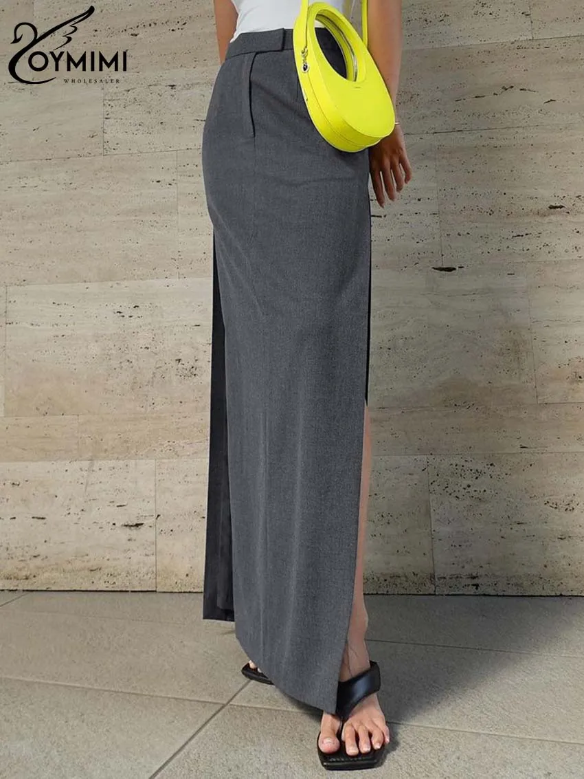 Oymimi Elegant Grey Side Slit Women's Skirt Fashion High Waisted Straight Skirts Casual Solid Floor-Length Skirts Female Clothes бандана buff polar neckwarmer solid grey 120931 937 10 00