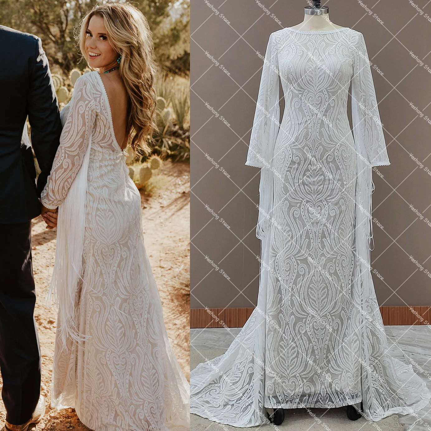 

Long Sleeves Lace Sheath Wedding Dress With Tassels Plus Size Custom Made Open Back Boat Neck Column Fitted Sheath Bridal Gowns