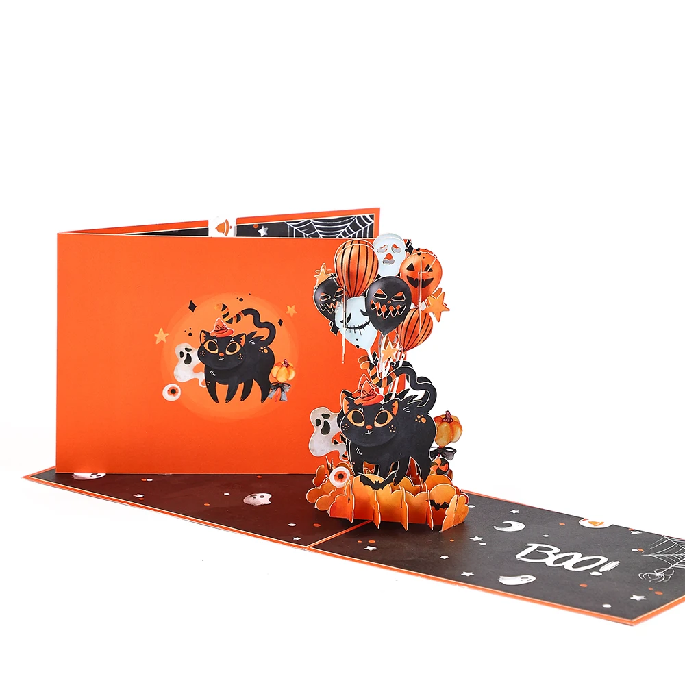 Halloween Greeting Card Balloon Black Cat Pop Up 3D Greetings Card Postcard Lovely Gifts For Friends Kids Couple