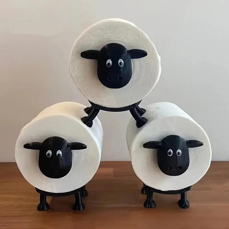 Sheep Toilet Paper Roll Holder Free Standing Bathroom Set 3D Printed Black Sheep Loo Roll Decors 3Pcs