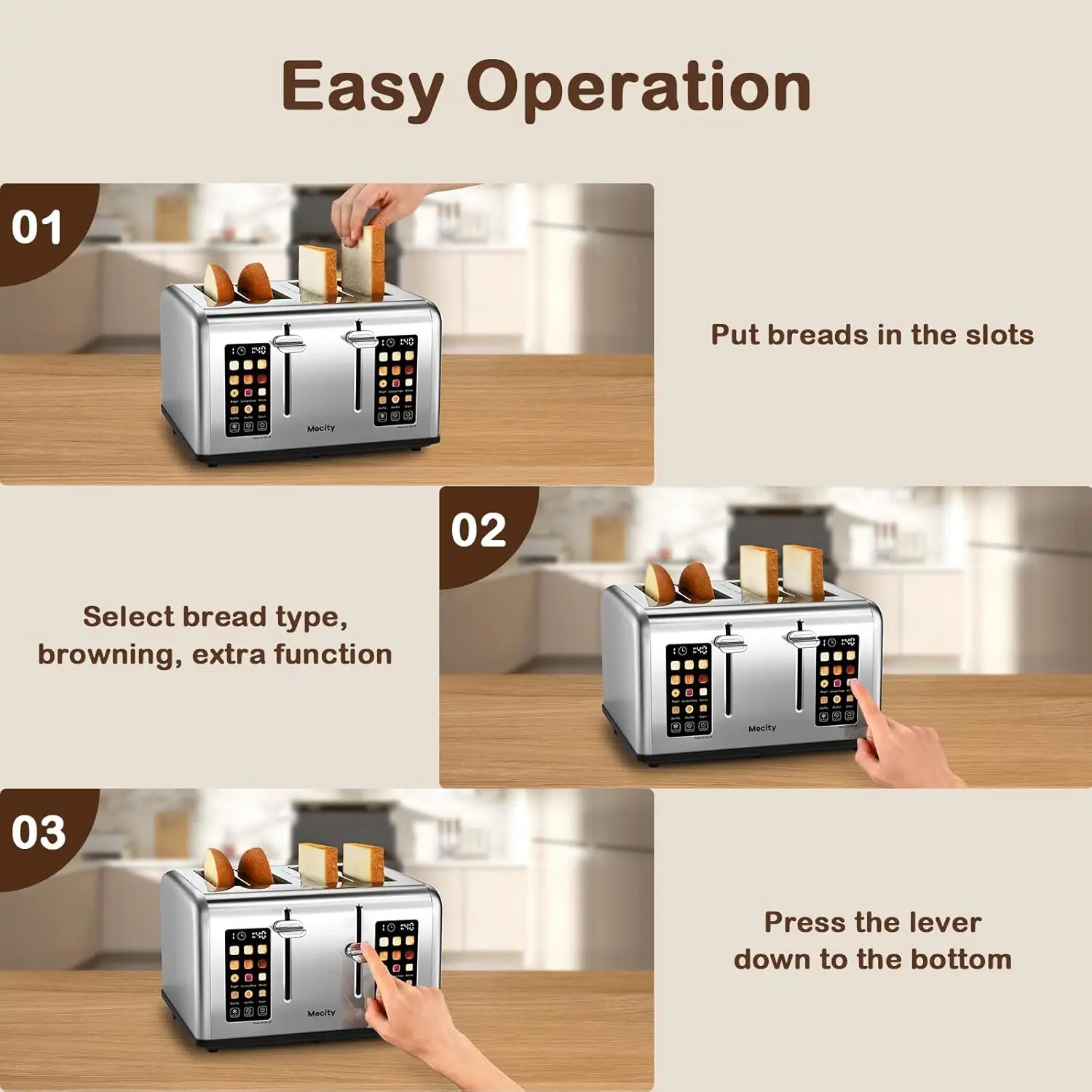 4 Slice Toaster Touch Screen Control 4 Wide Slot Stainless Steel Smart Bread Toaster for Bagel Muffin Waffle Dual Control Pannel 6