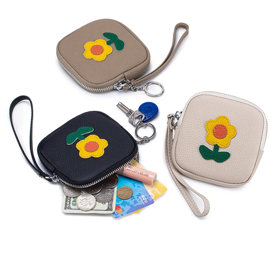 Genuine Leather Flower Makeup Travel Coin Purse