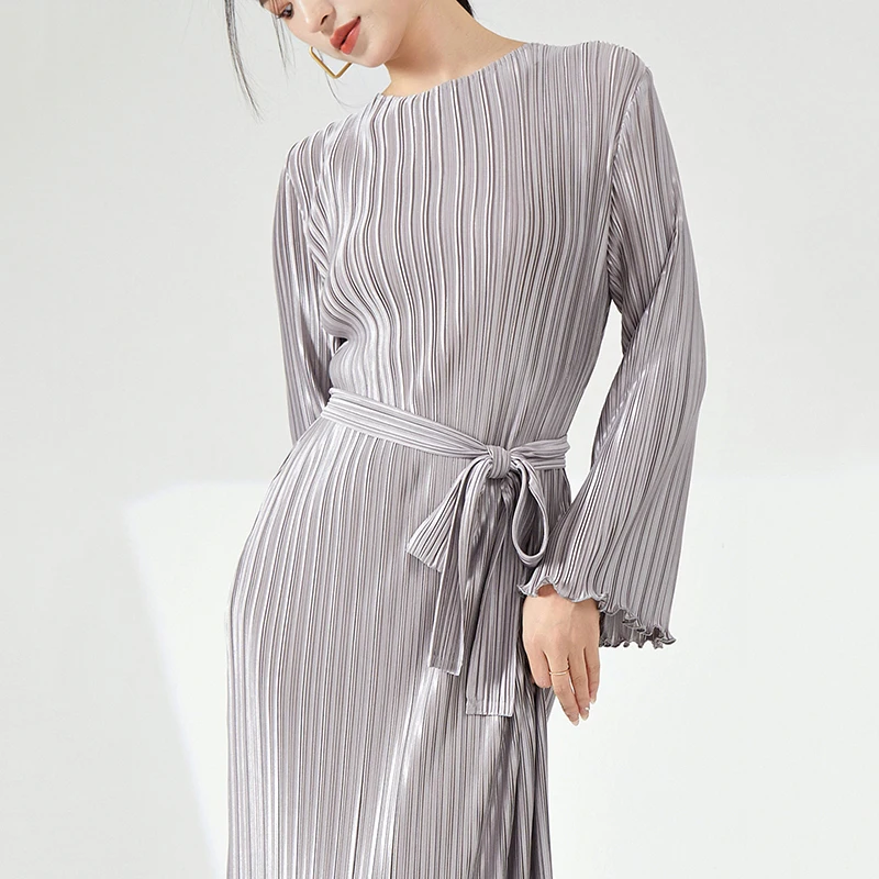 LANMREM Stringy Selvedge Pleated Dress Women's O-neck Long Sleeve Tie Design Gathered Waist Famale Clothing Autumn New 2Z2390 - Image 4