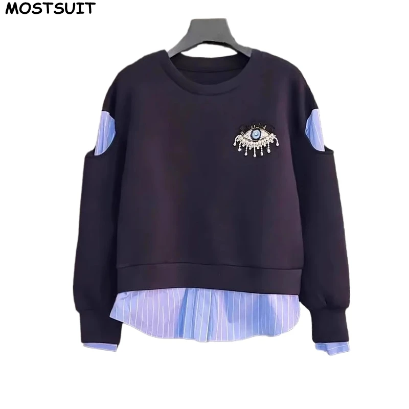 

Diamonds Stylish Sweatshirt Women Casual Fashion Loose Fake Two Pieces Pullovers Tops 2024 Autumn Long Sleeve O-neck Sweatshirts
