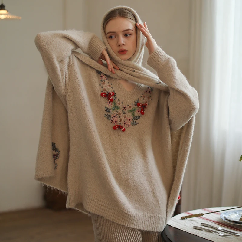 

120cm Bust Autumn Spring Women Loose Oversized Mori Kei Girl Fashion Handmade Floral Embroidered Soft Woolen Pullover Sweaters