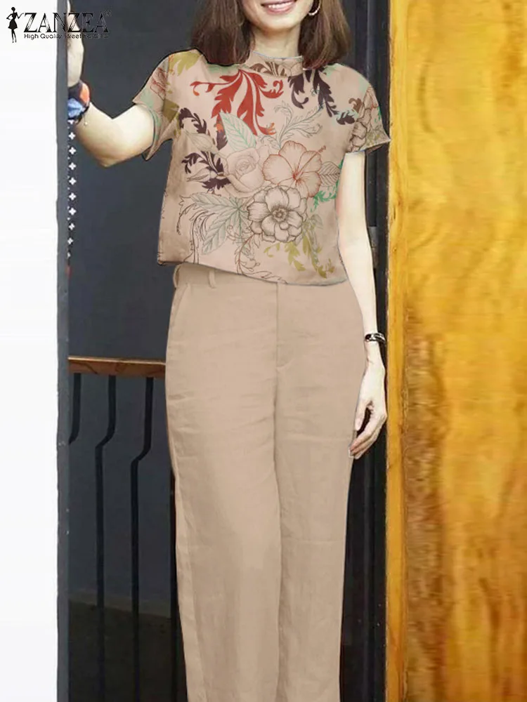 

Летний спортивный костюм ZANZEA, женские элегантные рабочие костюмы, повседневный комплект, Модный комплект из 2 предметов с цветочным принтом, блузка с коротким рукавом и брюки, комплекты