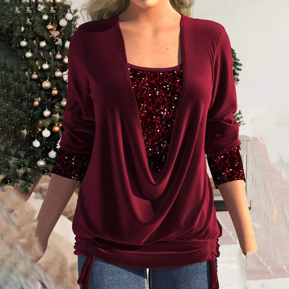 

Осенне-зимняя новая Универсальная однотонная Женская приталенная блузка с длинными рукавами и блестками на завязках стильная рубашка из двух частей