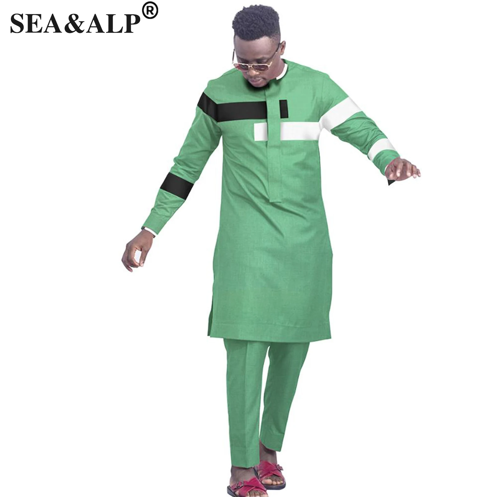 Men's Bazin African Clothing For Men 2021 Hippie Dashiki Splicing Design Retro Long Sleeve Loose Contracted Casual 2 Piece Set