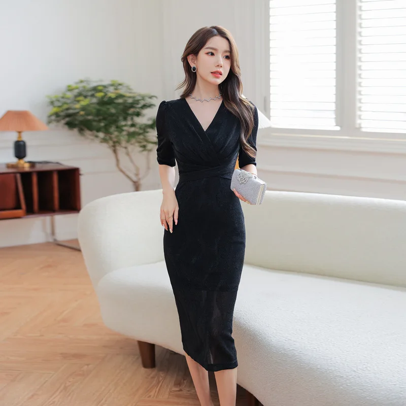 

New Summer 2023 High End Women Clothing Vintage V-neck Short-sleeved Bodycon Dresses Elegant Party Bandage Midi Dress Vestidos