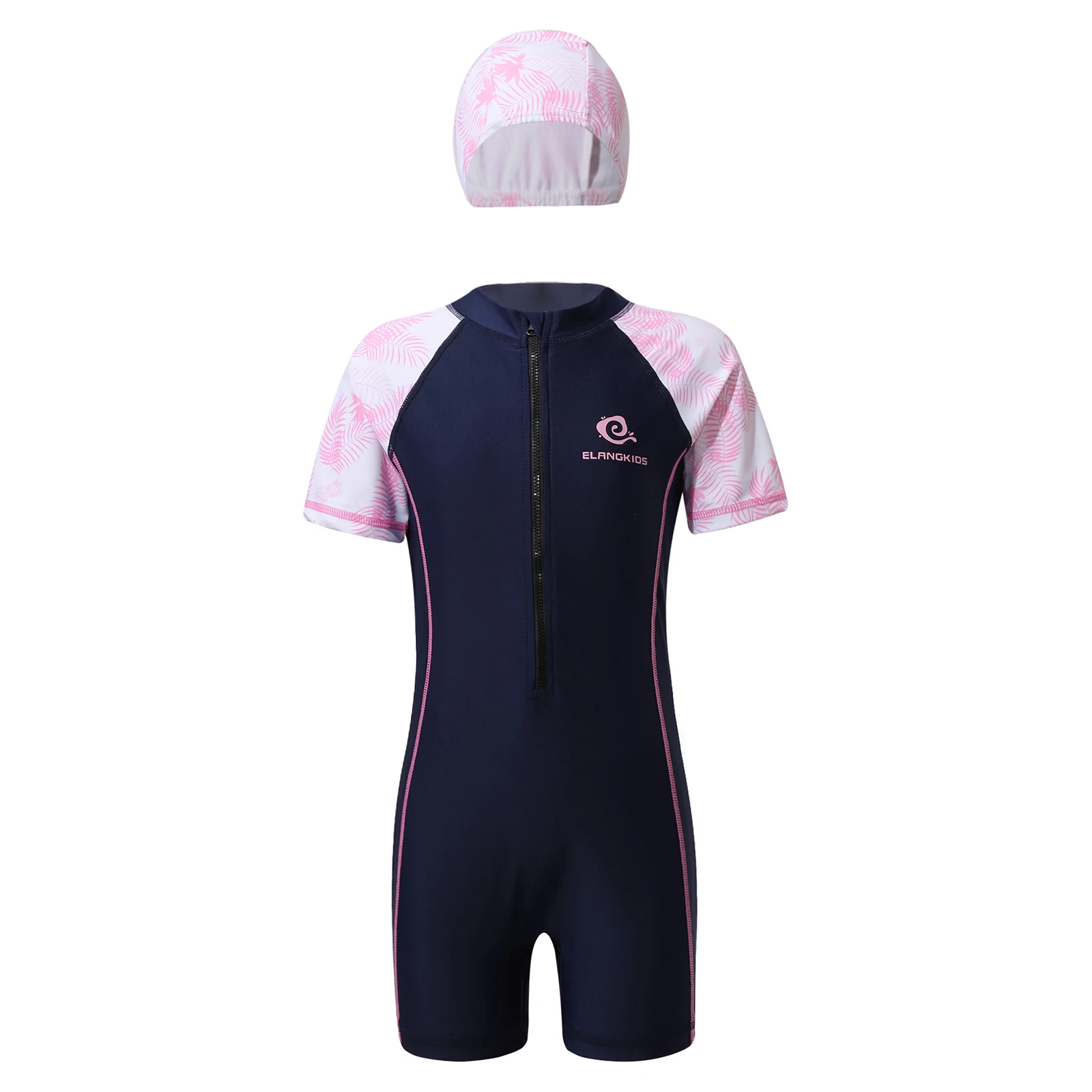 Kids Girls One-piece Print Swimsuit Hat Front Zipper Jumpsuit Athletic Boyshort Swimswear Pool Beach Swimming Bathing Suit children swimsuit