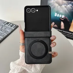 360° Rotating Magnetic Leather Case with Ring Stand and Shockproof Hinge Cover - Magsafe Charging Compatible for Galaxy Z Flip 7 (Black)