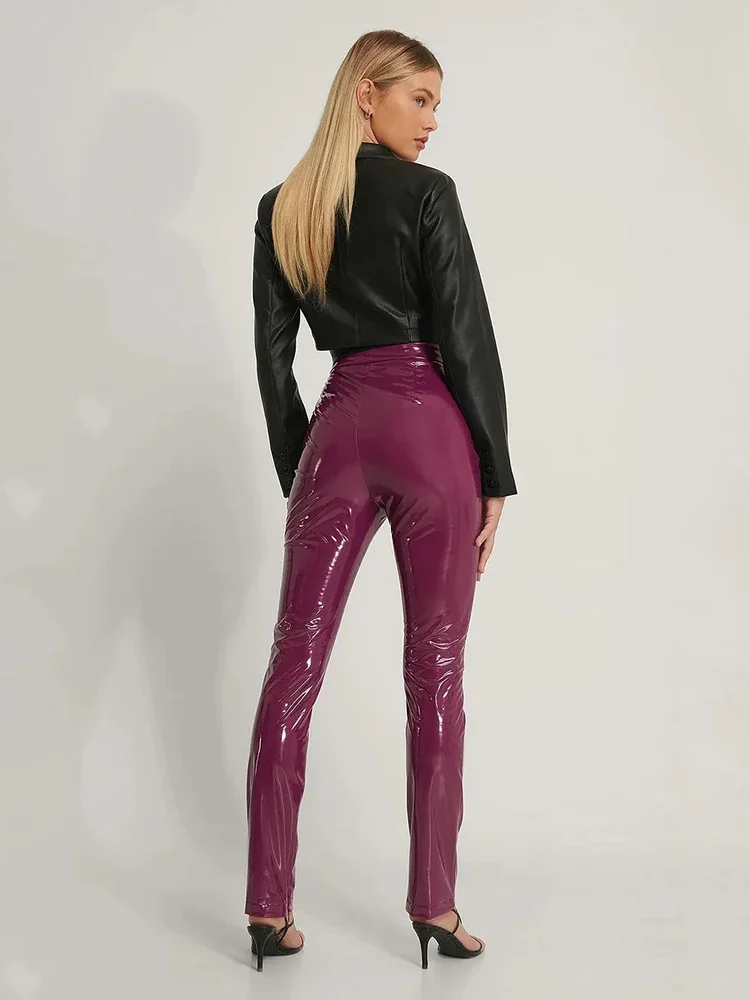 Women Shiny Patent Leather Pencil Pants High Waist Faux Latex Stretch Trousers Ladies Vintage Slim PU Leggings Clubwear Custom