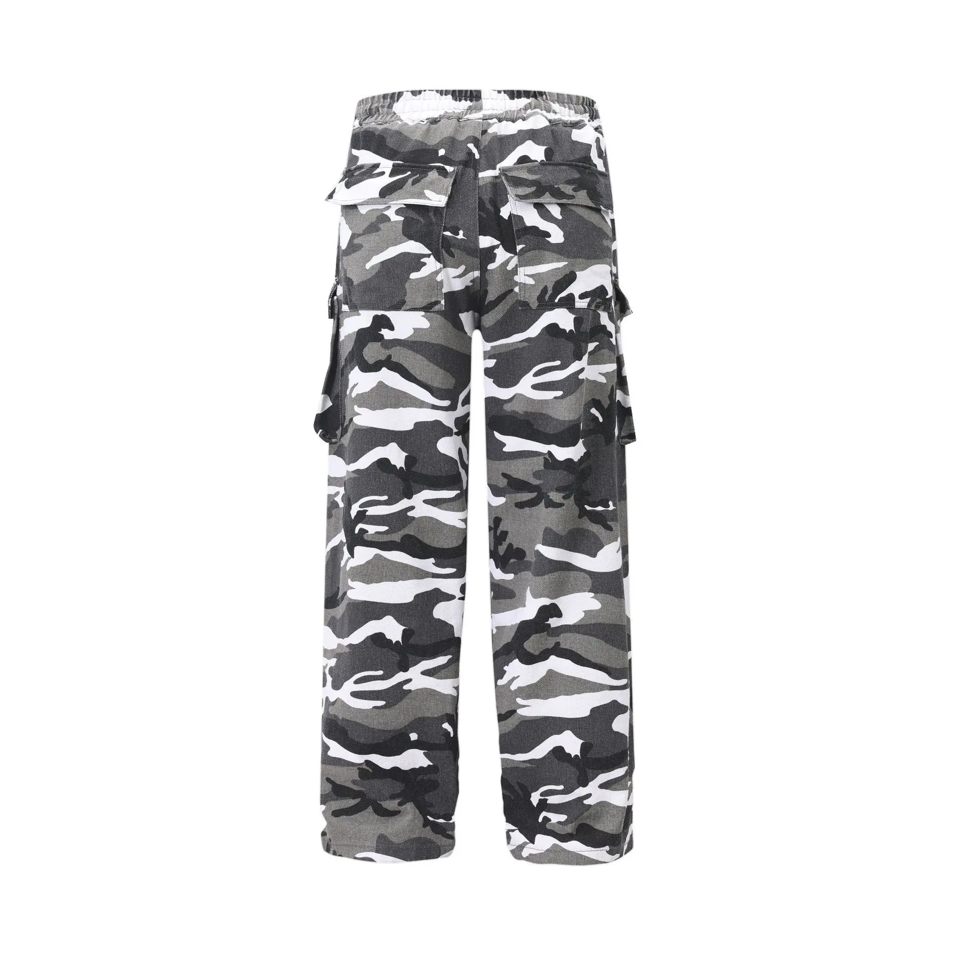 Snow Camo Cargo Pants miteigi Men’s Swag American Retro Hip Hop High Street Baggy Slender Waist Patchwork Camouflage Wide leg mid rise waist tall plus size mens trousers in black and white for man