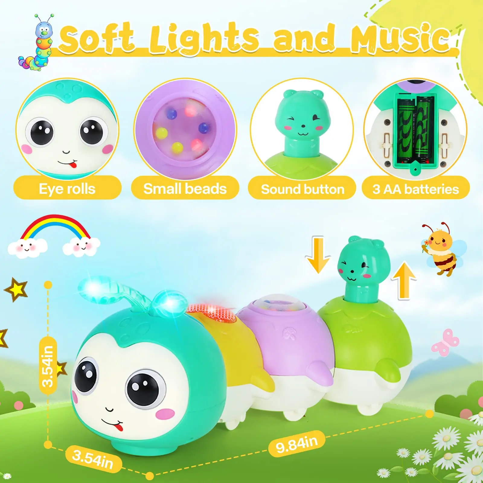 Baby Crawling Caterpillar Musical Interactive Toy Infant Tummy Time Sensory Early Education Toy with Magnetic Music Light up 6