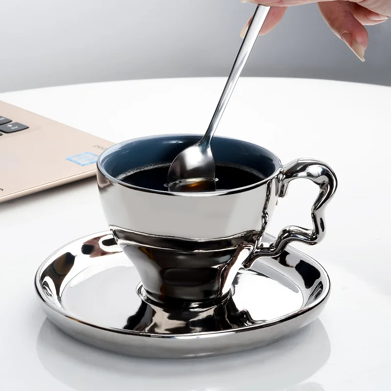 

Electroplated ceramic coffee cup creative design niche cup European afternoon tea ceramic light luxury exquisite cup and plate