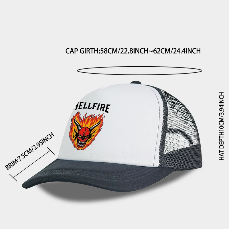 MLFO Hellfire Demon Flame Skull 프린트 트러커 캡 레트로 스트리트웨어 패션 유니섹스 데일리 통근 및 야외 하이킹 팬 선물