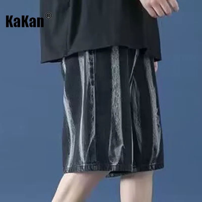 Kakan American New Vintage Tie Dyed Denim Shorts, Men's Summer Thin High Street Loose Black Split Casual Pants K63-1