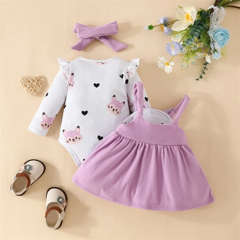 

Baby Girls Christmas Clothes Santa Claus Print Long Sleeves Romper and Corduroy Suspenders Dress Headband Fall Outfit