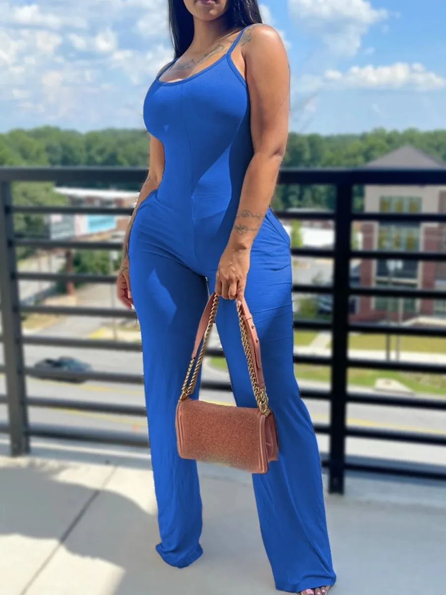 Printed Solid Color Suspender Jumpsuit Women Round Neck Sleeveless Jumpsuit Fashion Basic Casual Outfits