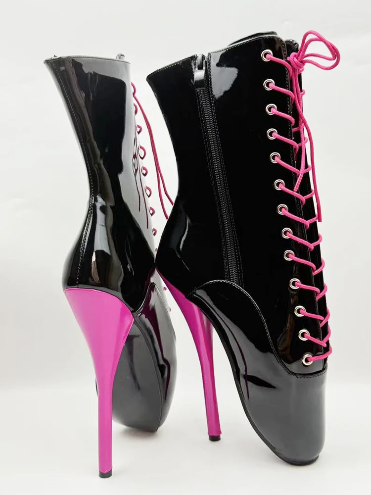 Big Size 36-46 Stiletto Pink Lace-up Ballet Boots 18CM/7'' Ultrahigh Heels Women Sexy Short Boots Extreme high heel Fetish Shoes
