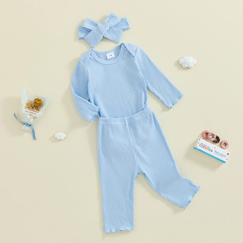 Girls Clothing Set 0-18M Newborn Baby 3pcs Solid Color Ribbed Long Sleeve Romper + Pants + Headband