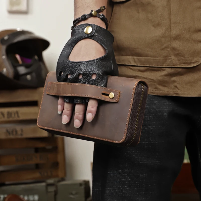 

Genuine Leather Men Wallet Clutch Bag Card Holder Long Wallets with Zipper Large Capacity Vintage Crazy Horse Leather Male Purse