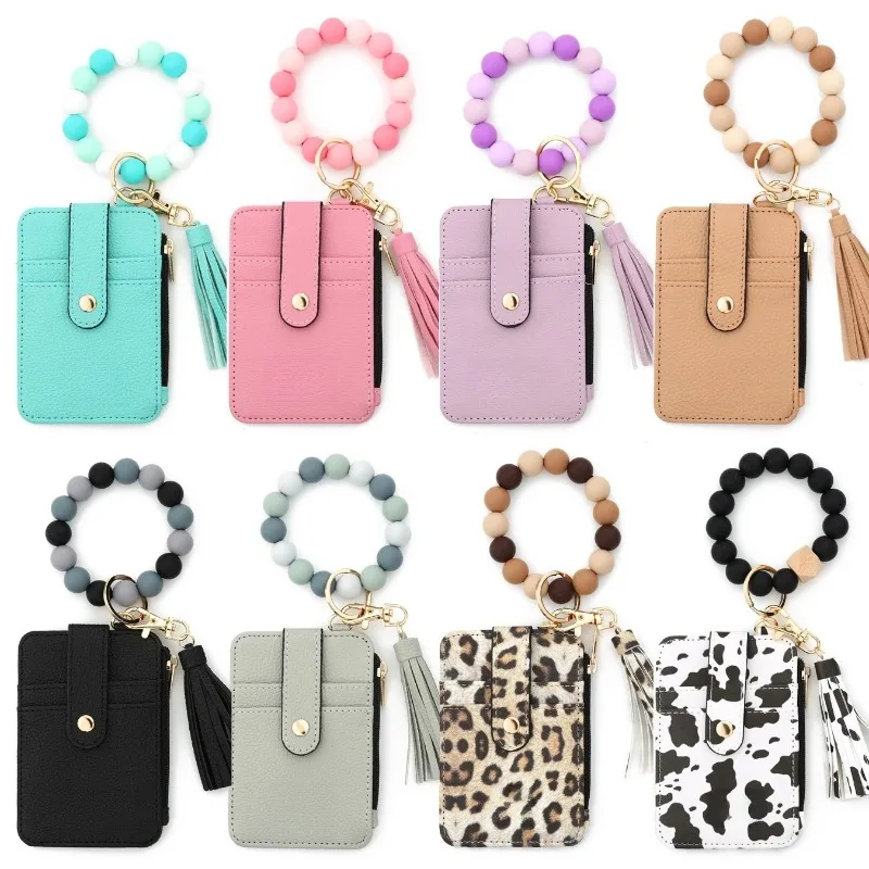 Creative Key Ring Bangle Purse Designer Leopard Leather Card Holder Silicone Beaded Credit Cards Women Keychain Wallet