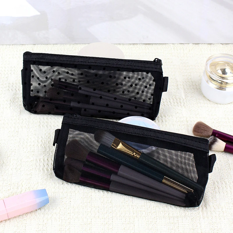 Mesh Cosmetic Makeup Bags Case Holder Cute Transparent Zipper Black Heart Printed Pencil Pen Case Pouch Convenient To Carry 3