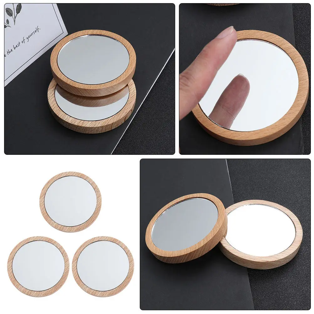 3Pcs 안전한 깨지지 않는 나무 화장 거울 슬림 휴대용 휴대용 작은 거울 여행 캠핑 욕실 선물 여성 숙녀