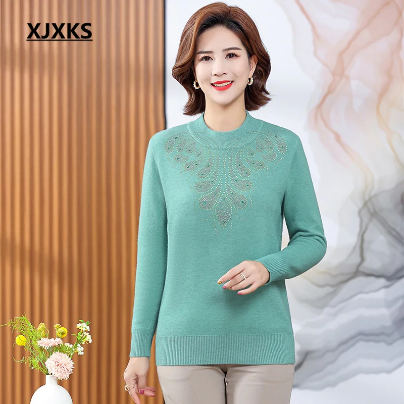 

XJXKS 2022 New Women's Winter Sweater High Quality Wool Knitted Pullover Fine Diamond Inlaid Thickened Warm Jumper