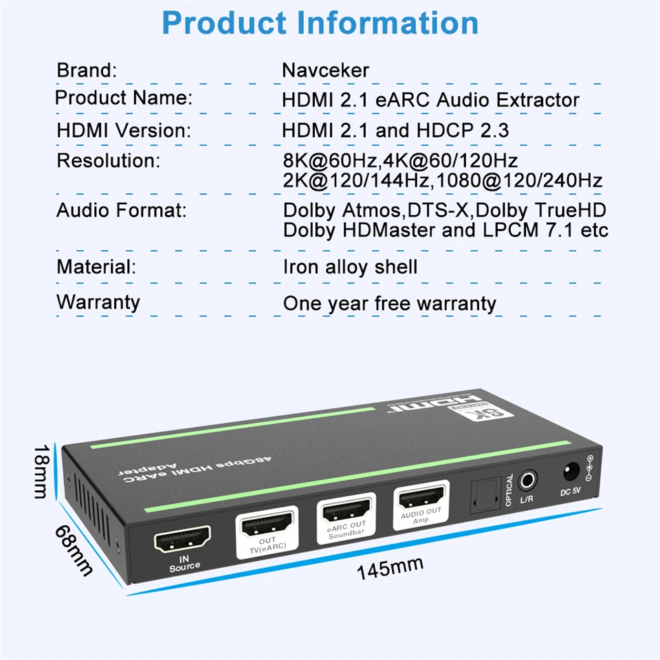 Navceke 4K 120Hz HDMI 2.1 eARC Audio Extractor 48 Gbps HDMI eARC Splitter 8K 60H