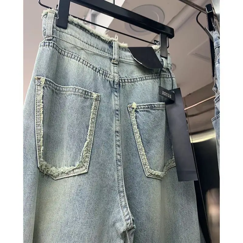 Heavy Embroidery Hot Drilling Starry Raw Hem High Waist Jeans Women's Summer Thin Loose Fashion Mop Wide Leg Pants