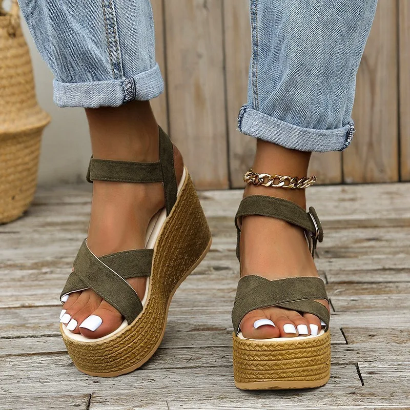 

Women Fashion Wedge Sandals 2022 Summer Casual Non-slip Peep Toe Platform Shoes Rubber Sole Buckle Ladies Elegant High Heels