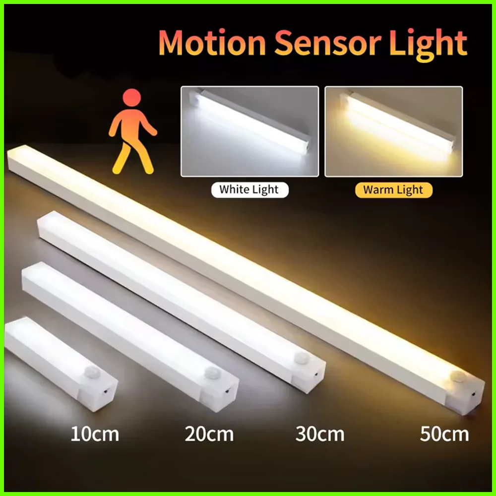 LED Light Rechargeable Motion Sensor Bar Human Infared Induction Night Portable Kitchen Cabinet 10/20/30/50cm