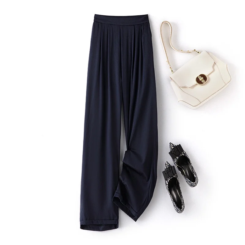 Fish Bone Pattern Mulberry Silk Smoke Pipe Pants with Elastic Silk Herringbone Pattern Flat Waist Pocket Commuting Pants