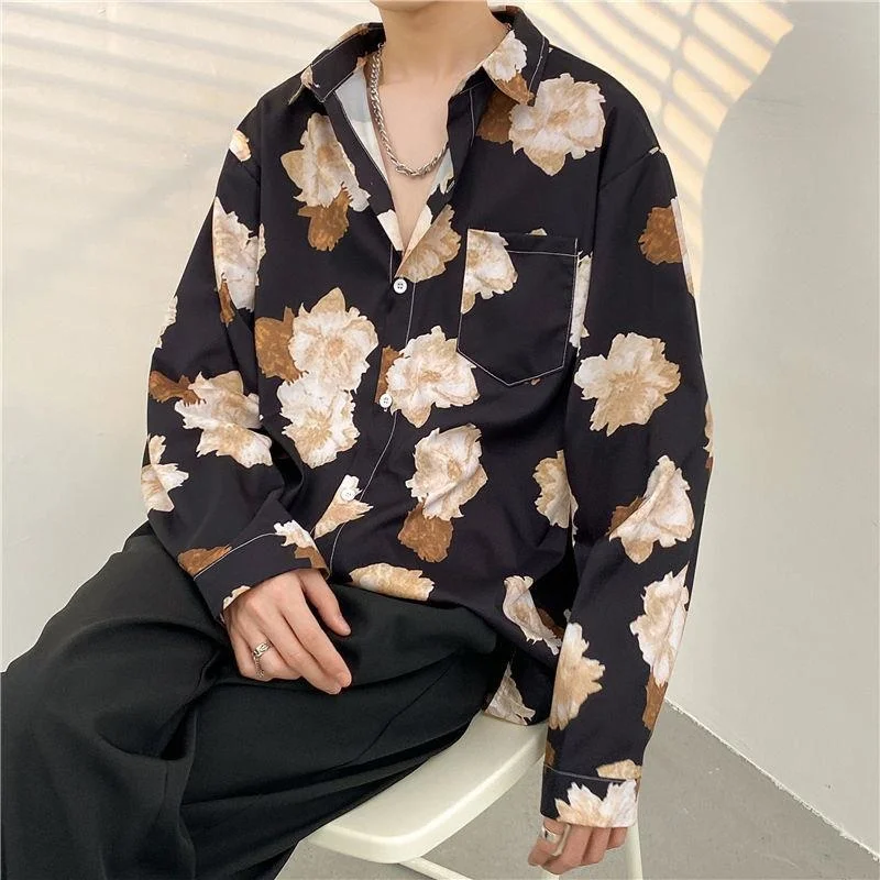 Fashion Streetwear Shirts Graffiti Daisy Flower Painting Print Blouse Hip Hop Harajuku Fashion Loose Long Sleeve Casual Tops Man