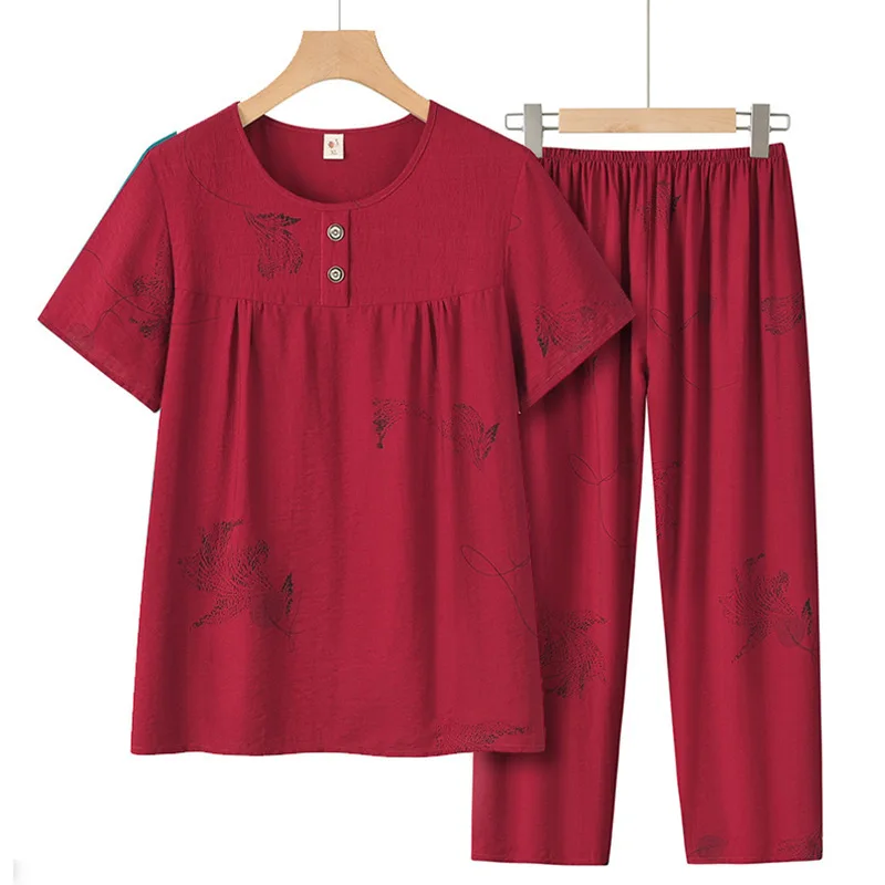 New Women's Summer Pajama Sets Casual Short Sleeve Suit Loose Pijama Feminino Plus Size Homewear Grandma Two-piece pyjama femme