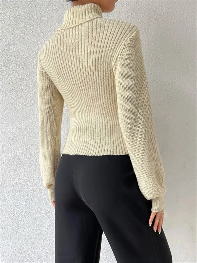 Hollow Out Knit Sweater Pullover For Women Turtleneck Fashion Ribbed High Street Long Sleeve Knitwear Loose Sweater Female