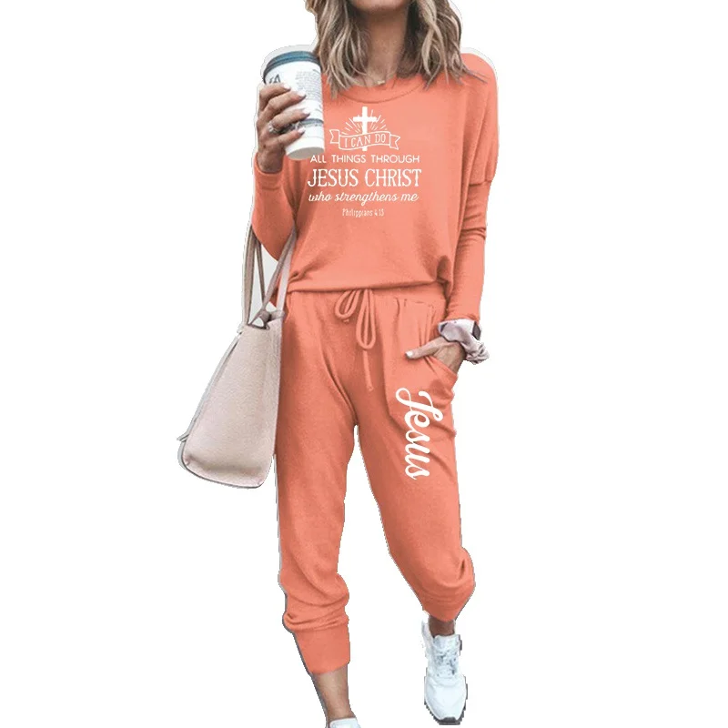 Tuveke Women's Jesus Logo Sportswear Suit Sportswear Track Suit Suit Solid Color Long-sleeved Jogging Top + Pants (5 Colors)