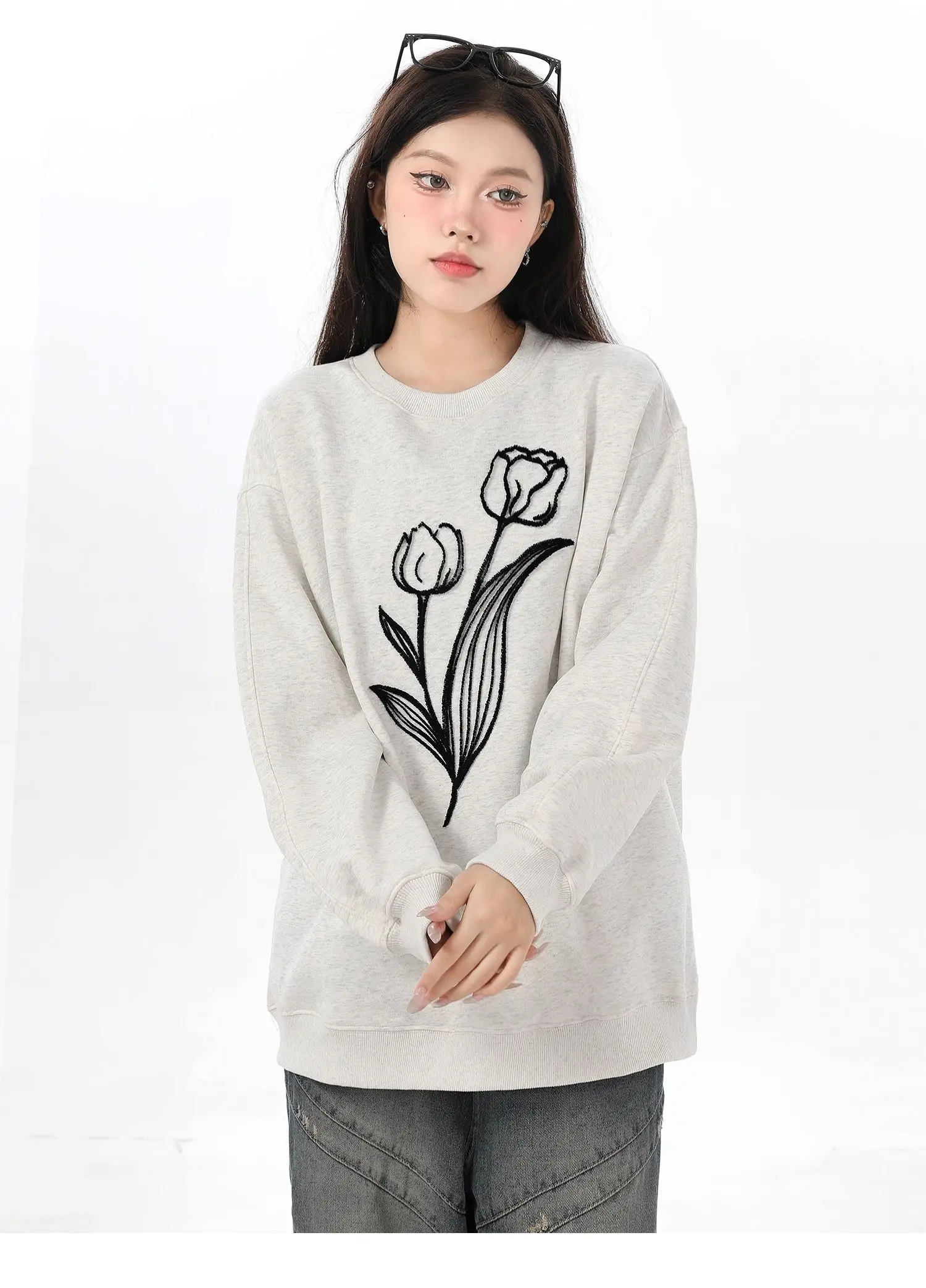 American-Style Gray Pullover Sweatshirt Autumn Winter Oversize Hoodies Retro Casual Loose Round Neck Long-Sleeved Sweatshirts