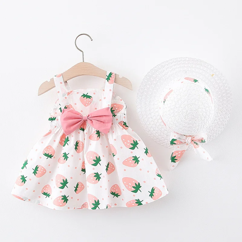 

Комплект из 2 предметов для девочек, двухслойное платье с оборками и большим бантом, с цветочным принтом и шапка, летняя одежда, милые комплекты для девочек