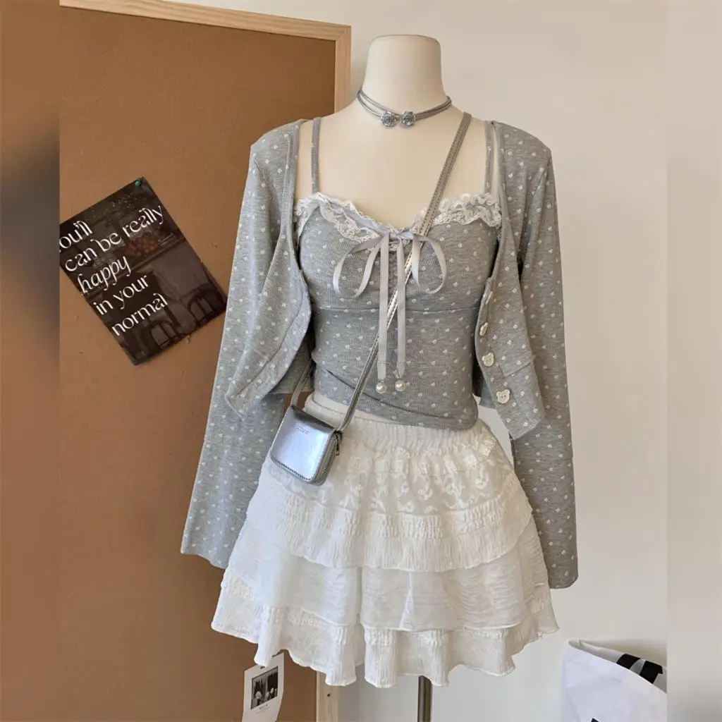 Autumn New Sweet 3-piece Skirt Set Women Spaghetti Strap Top Cardigan Mini Cake Skirt Y2K Kawaii Korean Fashion Suit Clothing