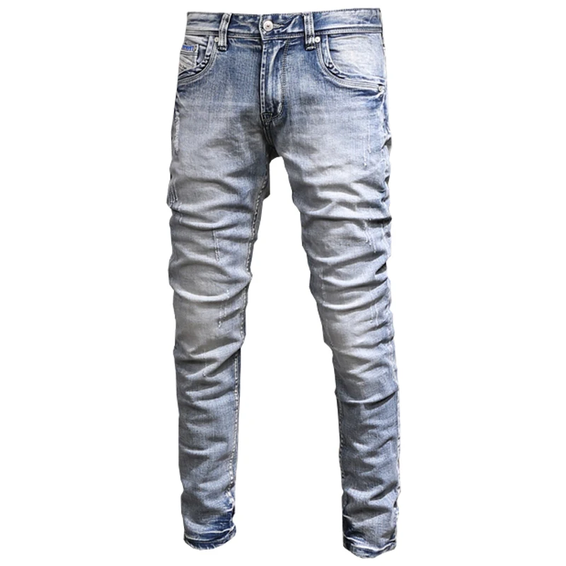 Fashion Designer Men Jeans Retro Light Blue Stretch Slim Fit Printed Ripped Jeans Men Vintage Elastic Casual Denim Pants Hombre