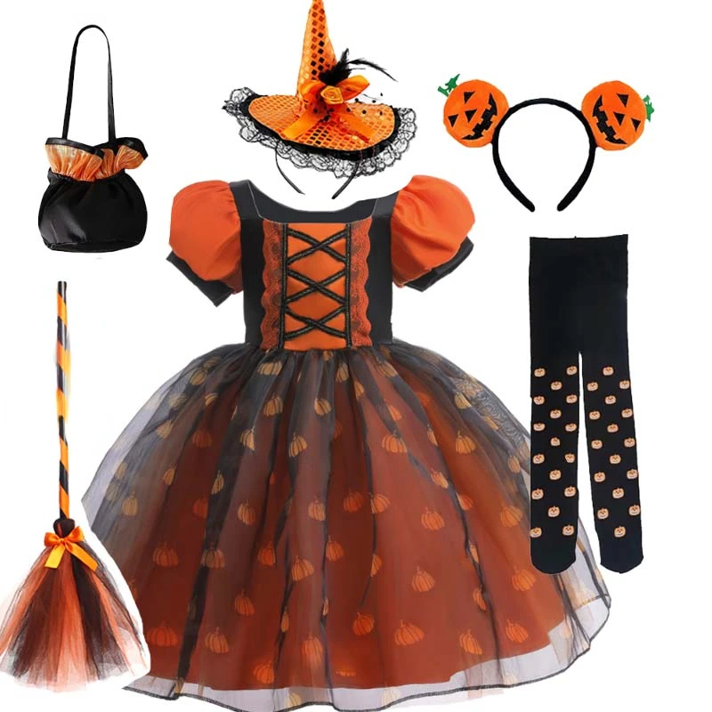 

Cosplay Witch for Girl Kids Princess Dress Up Bubble Sleeve Pumpkin Mesh Halloween Costume Carnival Party Disguise Scary Set
