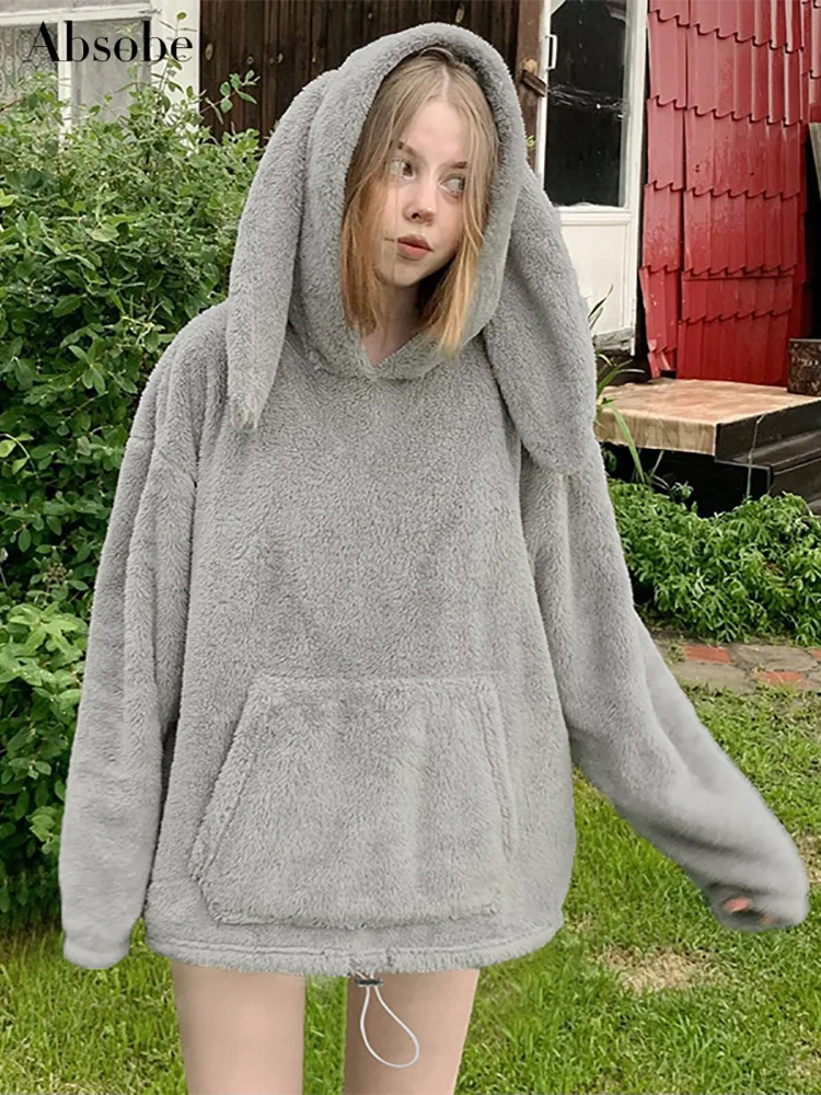 

Absobe Rabbit Ear Fleece Loose Hooded Sweatshirt Women's Solid Drawstring Long Sleeve Hoodie Top Hottie Autumn Casual Streetwear